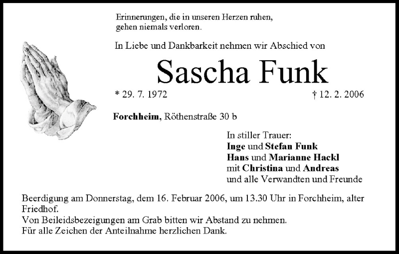  Traueranzeige für Sascha Funk vom 14.02.2006 aus MGO