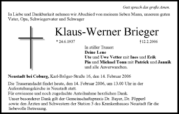 Anzeige von Klaus-Werner Brieger von MGO