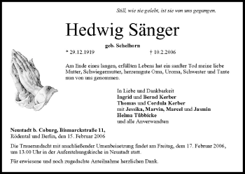 Anzeige von Hedwig Sänger von MGO