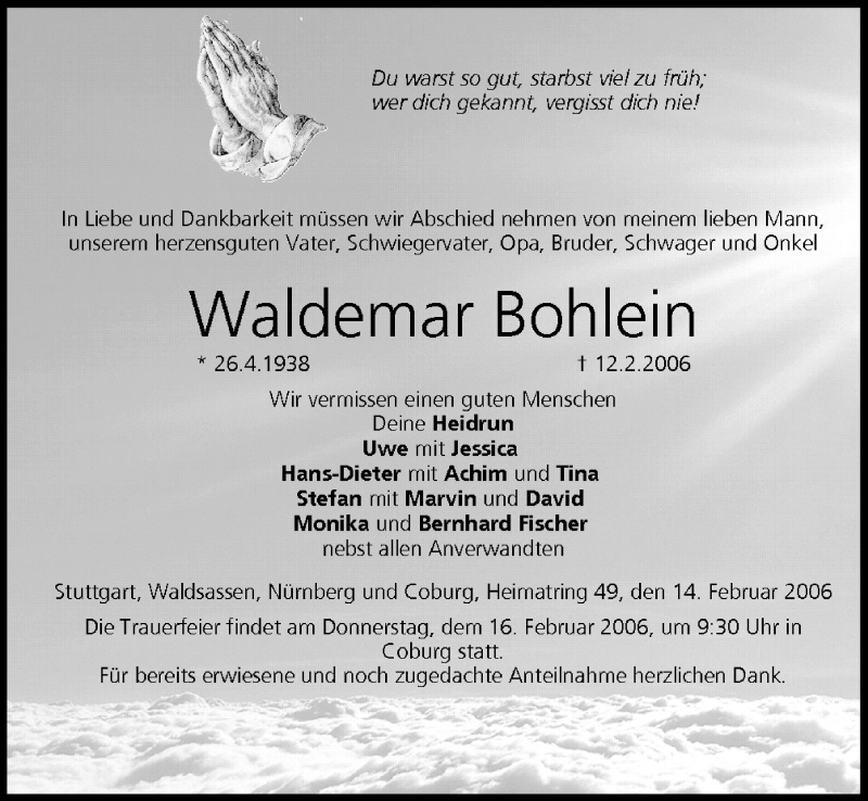  Traueranzeige für Waldemar Bohlein vom 14.02.2006 aus MGO