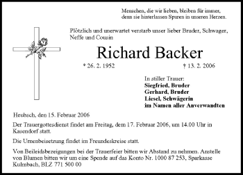 Anzeige von Richard Backer von MGO