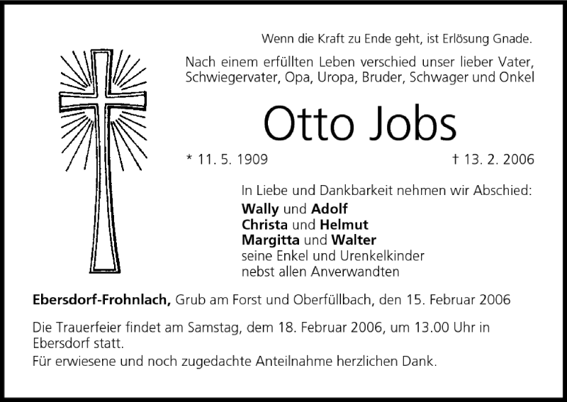  Traueranzeige für Otto Jobs vom 15.02.2006 aus MGO