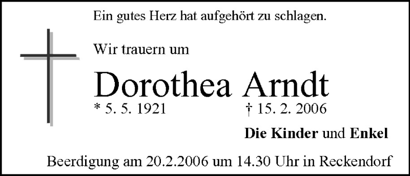  Traueranzeige für Dorothea Arndt vom 17.02.2006 aus MGO
