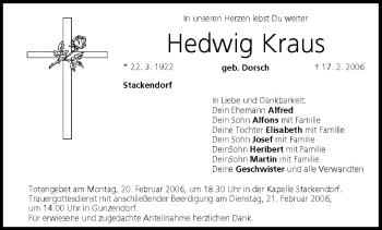 Anzeige von Hedwig Kraus von MGO