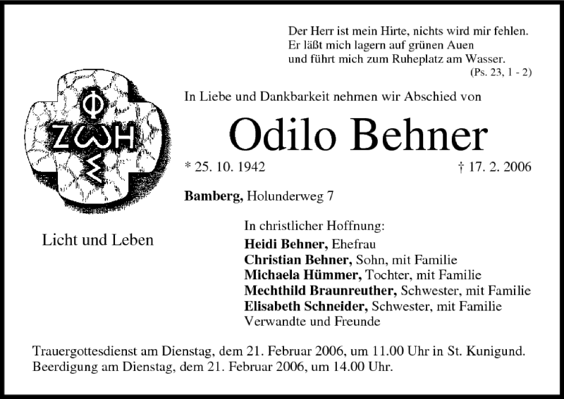  Traueranzeige für Odilo Behner vom 18.02.2006 aus MGO