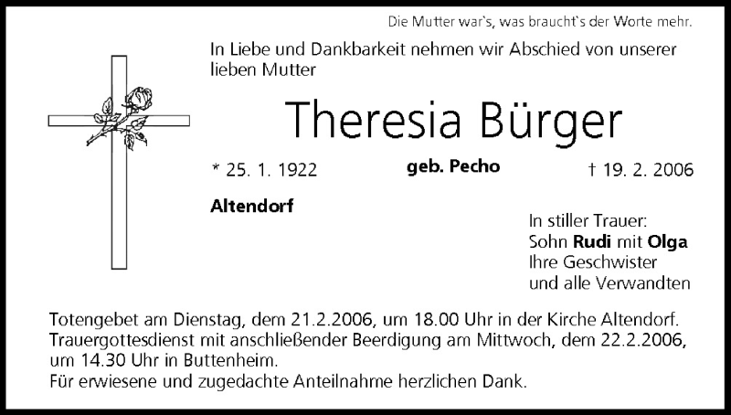  Traueranzeige für Theresia Bürger vom 20.02.2006 aus MGO