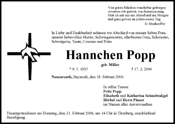 Anzeige von Hannchen Popp von MGO