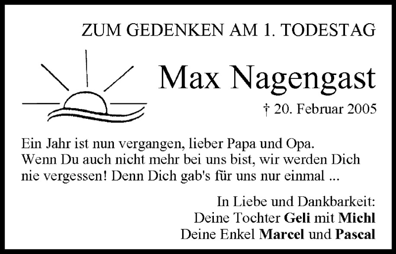  Traueranzeige für Max Nagengast vom 20.02.2006 aus MGO