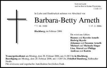 Anzeige von Barbara-Betty Arneth von MGO