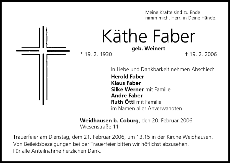  Traueranzeige für Käthe Faber vom 20.02.2006 aus MGO