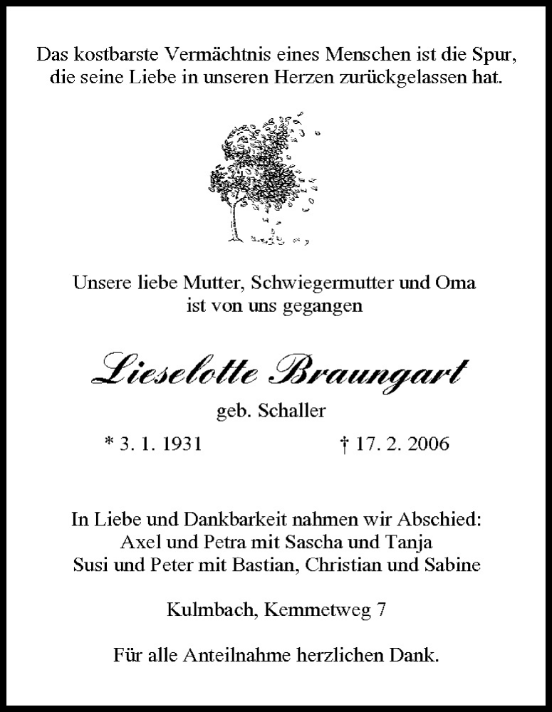  Traueranzeige für Liselotte Braungart vom 22.02.2006 aus MGO