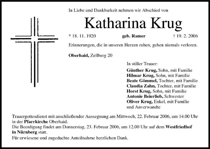  Traueranzeige für Katharina Krug vom 21.02.2006 aus MGO