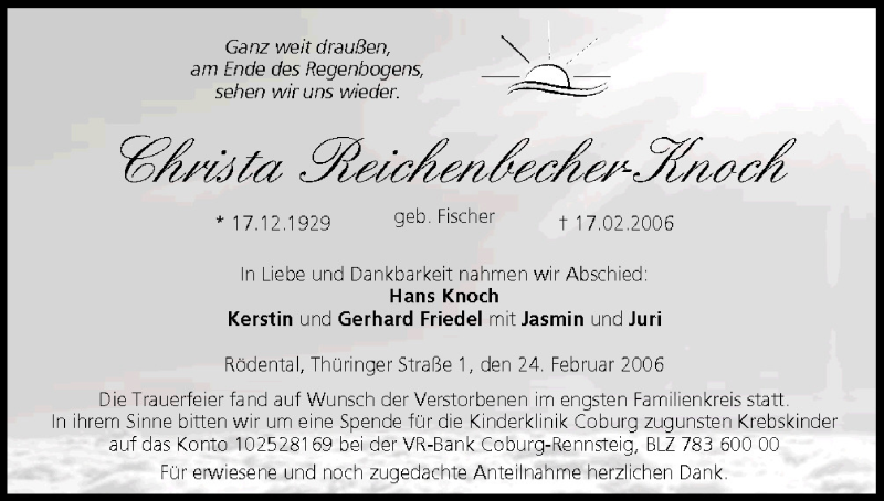  Traueranzeige für Christa Reichenbecher-Knoch vom 24.02.2006 aus MGO