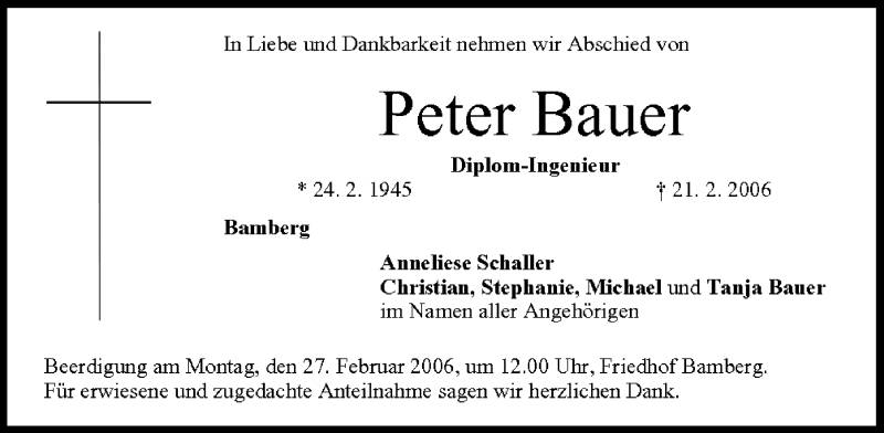  Traueranzeige für Peter Bauer vom 24.02.2006 aus MGO