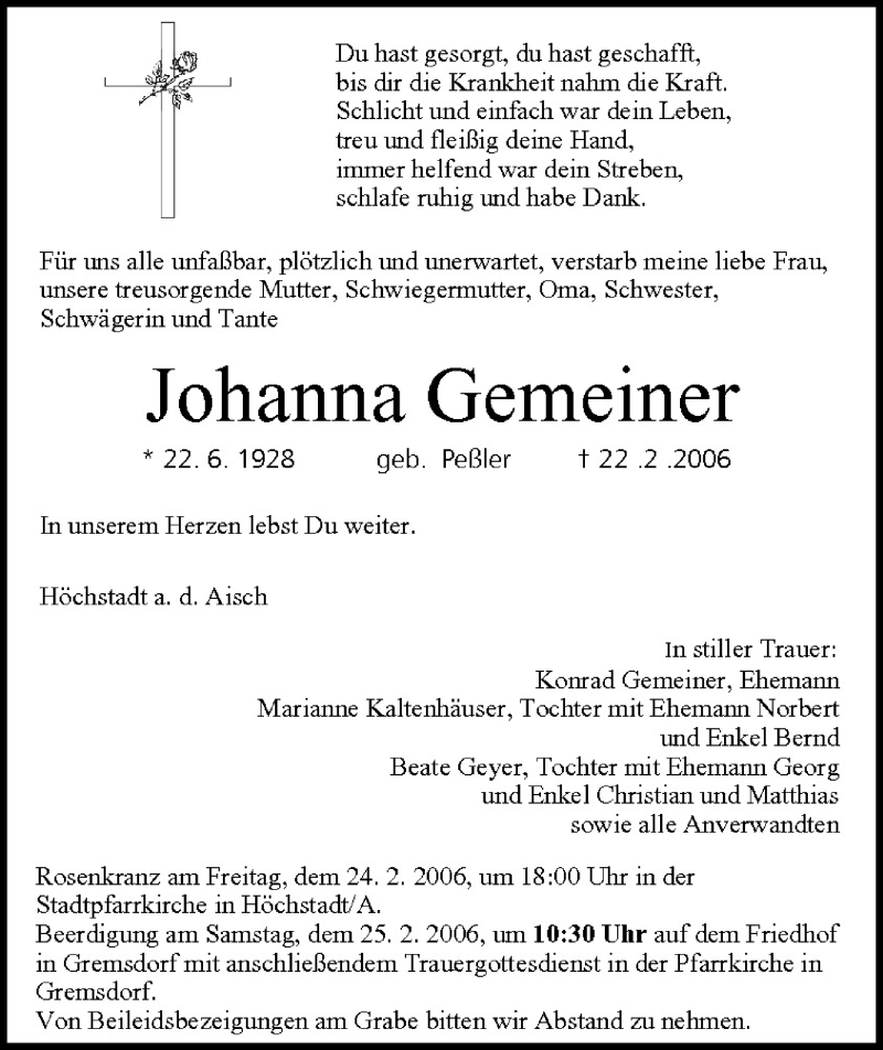  Traueranzeige für Johanna Gemeiner vom 24.02.2006 aus MGO