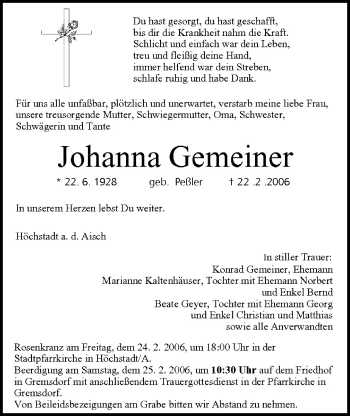 Anzeige von Johanna Gemeiner von MGO