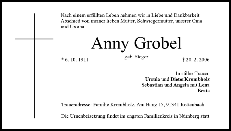  Traueranzeige für Anny Grobel vom 25.02.2006 aus MGO