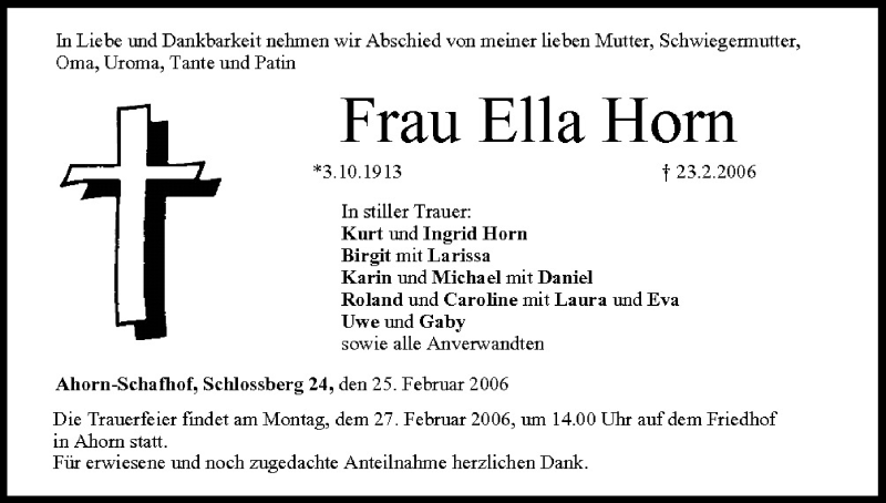  Traueranzeige für Ella Horn vom 25.02.2006 aus MGO