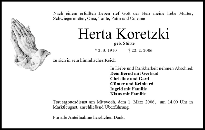  Traueranzeige für Herta Koretzki vom 27.02.2006 aus MGO
