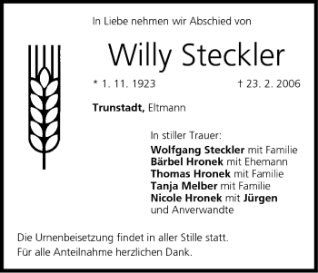 Anzeige von Willy Steckler von MGO