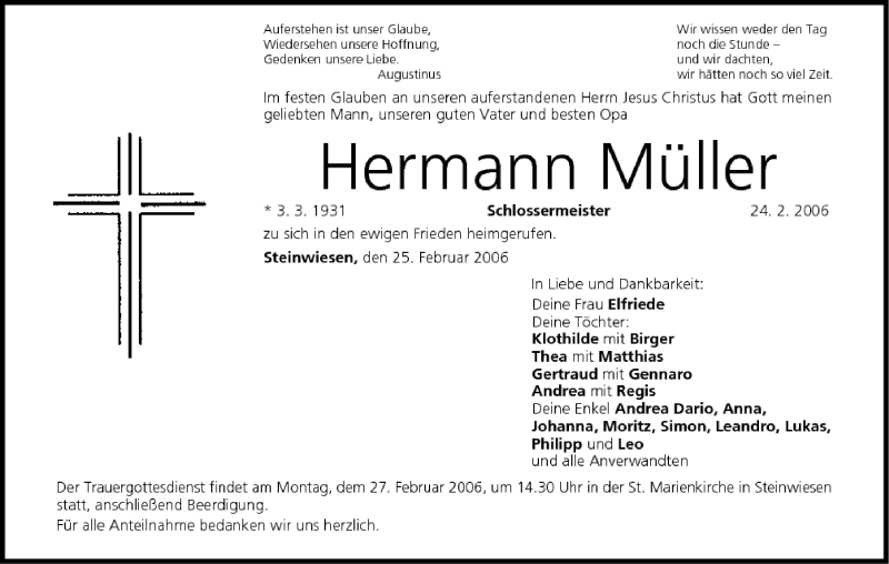  Traueranzeige für Hermann Müller vom 25.02.2006 aus MGO