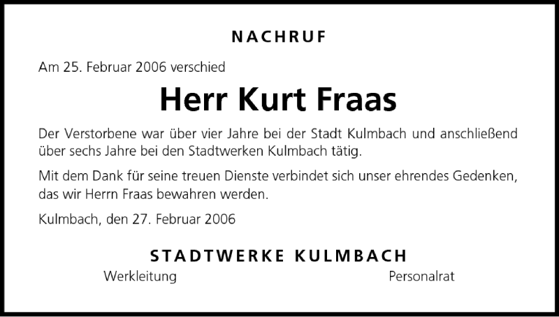  Traueranzeige für Kurt Fraas vom 01.03.2006 aus MGO