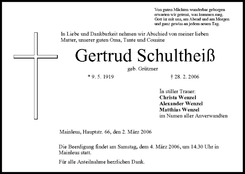  Traueranzeige für Gertrud Schultheiß vom 02.03.2006 aus MGO