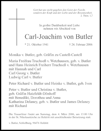 Anzeige von Carl-Joachim von Butler von MGO