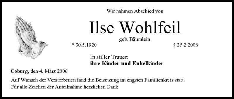  Traueranzeige für Ilse Wohlfeil vom 04.03.2006 aus MGO