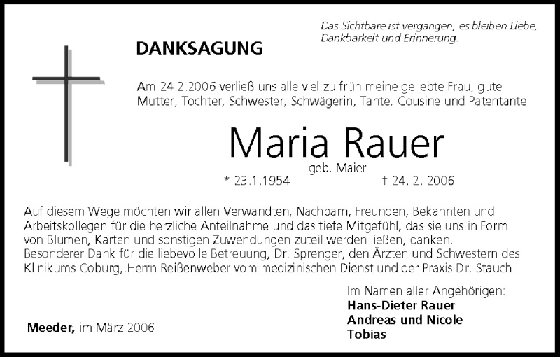  Traueranzeige für Maria Rauer vom 04.03.2006 aus MGO