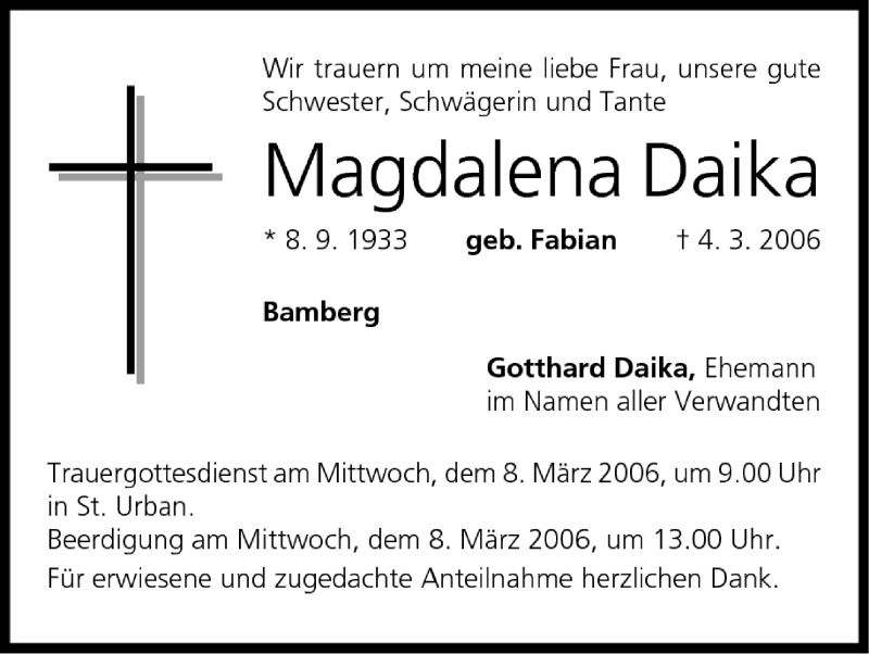  Traueranzeige für Magdalena Daika vom 06.03.2006 aus MGO
