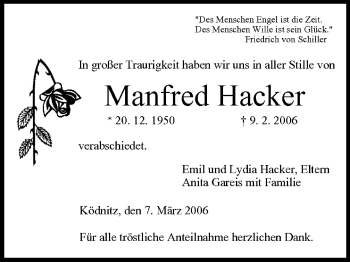 Anzeige von Manfred Hacker von MGO