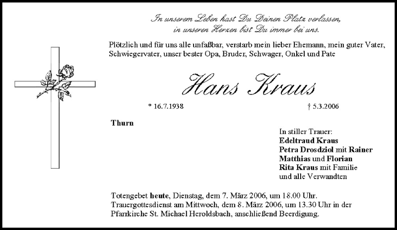 Traueranzeige für Hans Kraus vom 07.03.2006 aus MGO