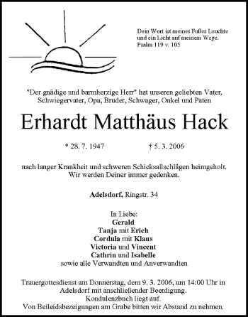 Anzeige von Erhardt Matthäus Hack von MGO