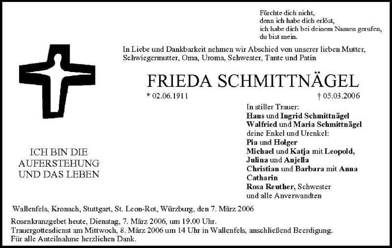  Traueranzeige für Frieda Schmittnägel vom 07.03.2006 aus MGO