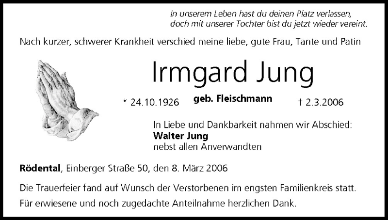  Traueranzeige für Irmgard Jung vom 08.03.2006 aus MGO