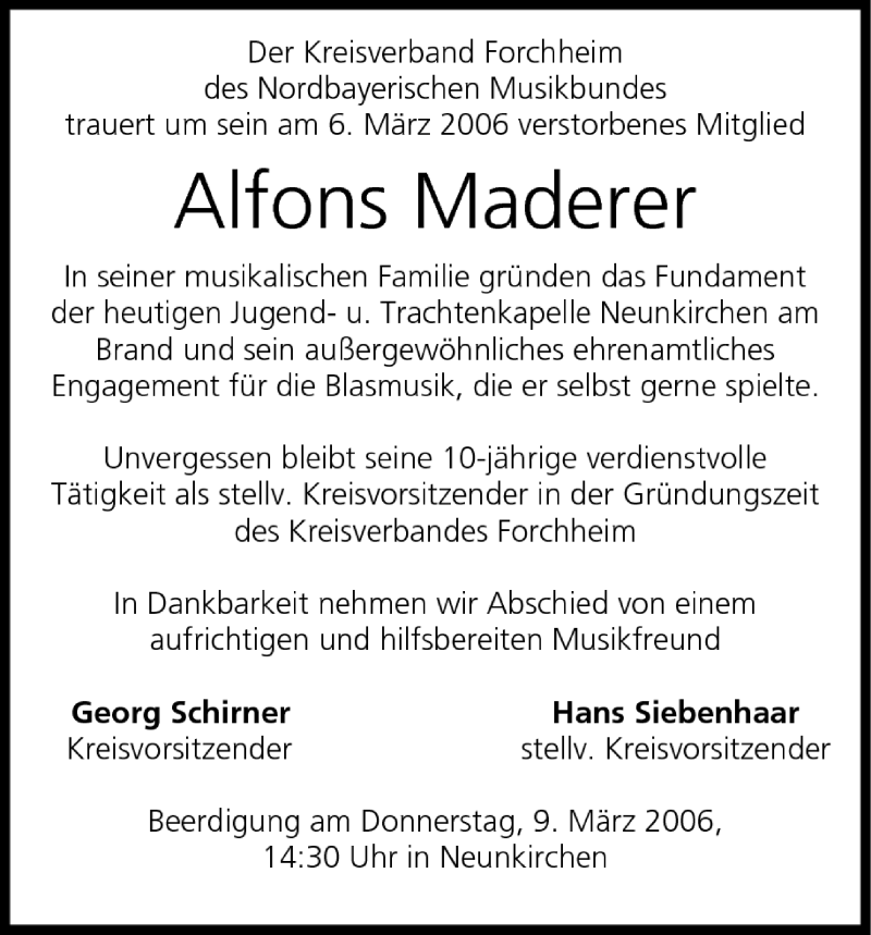  Traueranzeige für Alfons Maderer vom 09.03.2006 aus MGO