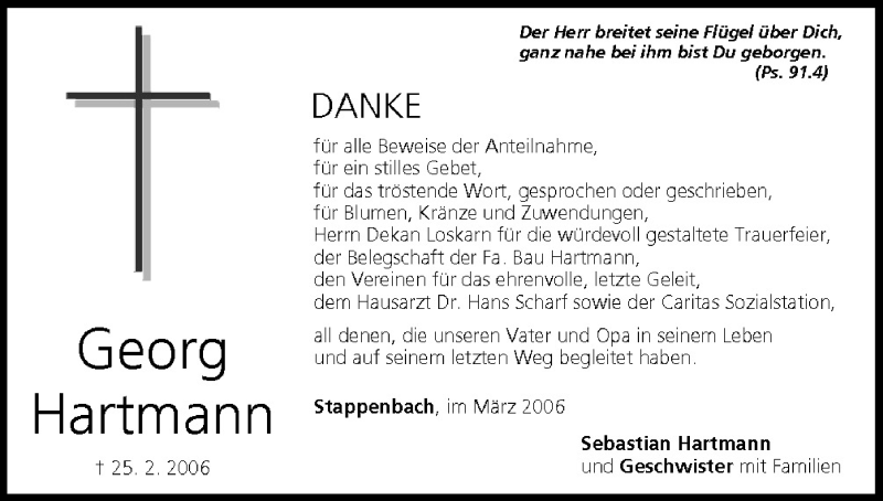  Traueranzeige für Georg Hartmann vom 11.03.2006 aus MGO