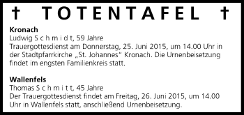 Anzeige von Totentafel vom 24.06.2015 von MGO