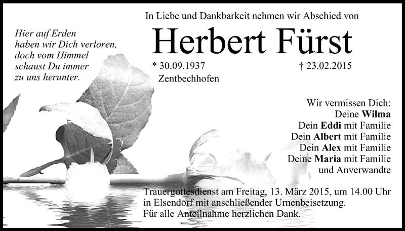  Traueranzeige für Herbert Fürst vom 10.03.2015 aus MGO