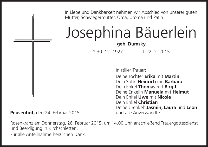  Traueranzeige für Josephina Bäuerlein vom 24.02.2015 aus MGO