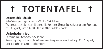 Anzeige von Totentafel vom 20.08.2015 von MGO