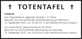 Anzeige von Totentafel vom 15.09.2015 von MGO