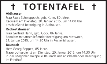 Anzeige von Totentafel vom 20.01.2015 von MGO