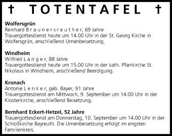 Anzeige von Totentafel vom 08.09.2015 von MGO