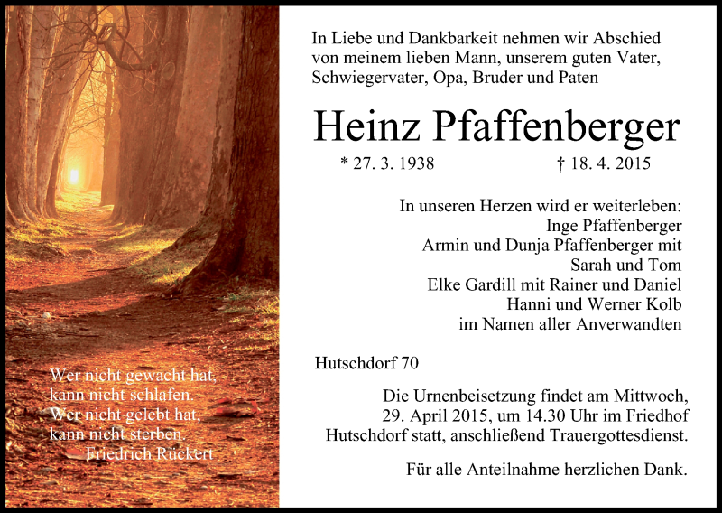  Traueranzeige für Heinz Pfaffenberger vom 25.04.2015 aus MGO