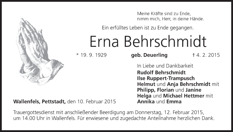  Traueranzeige für Erna Behrschmidt vom 10.02.2015 aus MGO