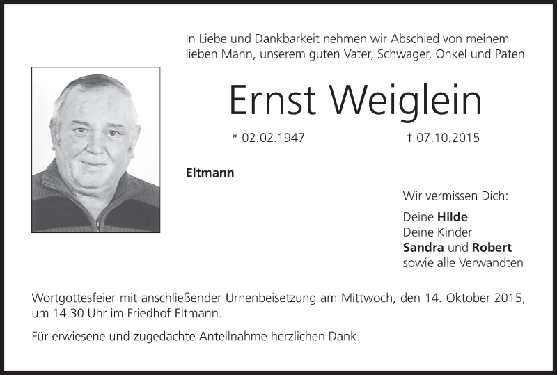  Traueranzeige für Ernst Weiglein vom 12.10.2015 aus MGO
