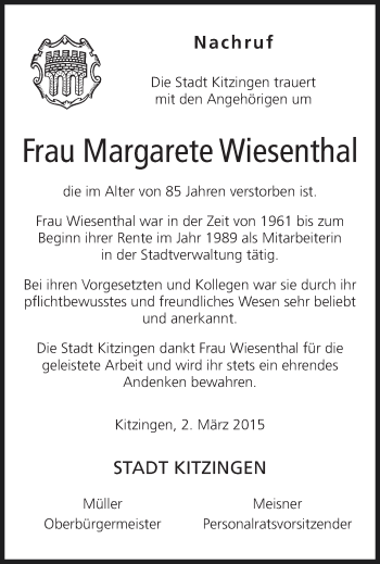 Anzeige von Margarete Wiesenthal von MGO