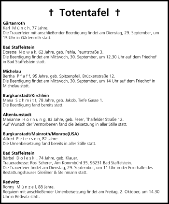 Anzeige von Totentafel vom 29.09.2015 von MGO